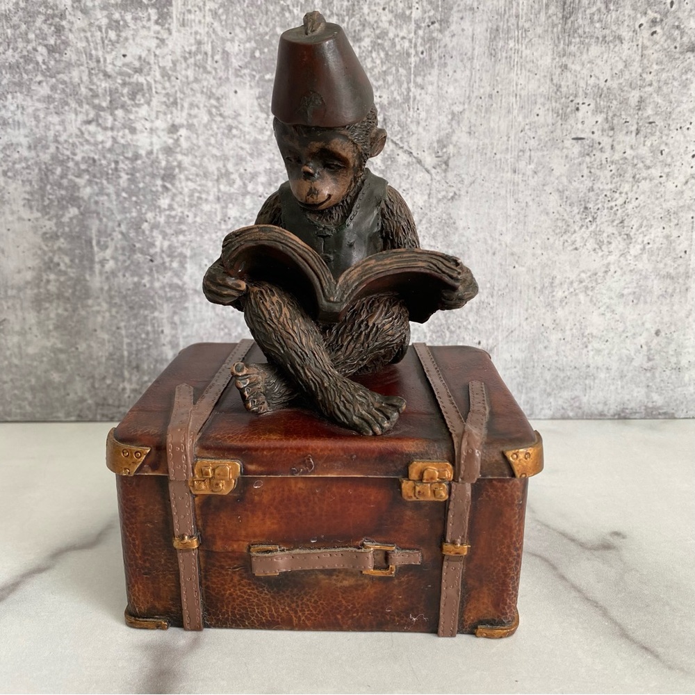 Vintage 1998 Dezine Monkey Reading Book Trinket Box Resin Decor Dark Academia